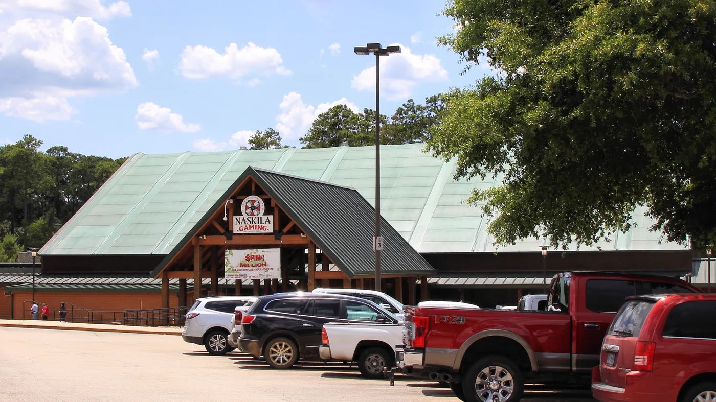 Exterior of the original Naskila Gaming hall near Livingston, Texas, photographed in 2022